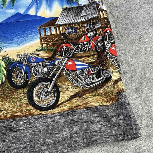 Vintage KY's Hawaiian Shirt Men's L‎ Motorcycle Ocean Mountain Beach Hut Scene - Picture 3 of 15